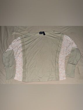 Daytrip Sage Green Knit Top with Floral Side Panels and Lace Trim